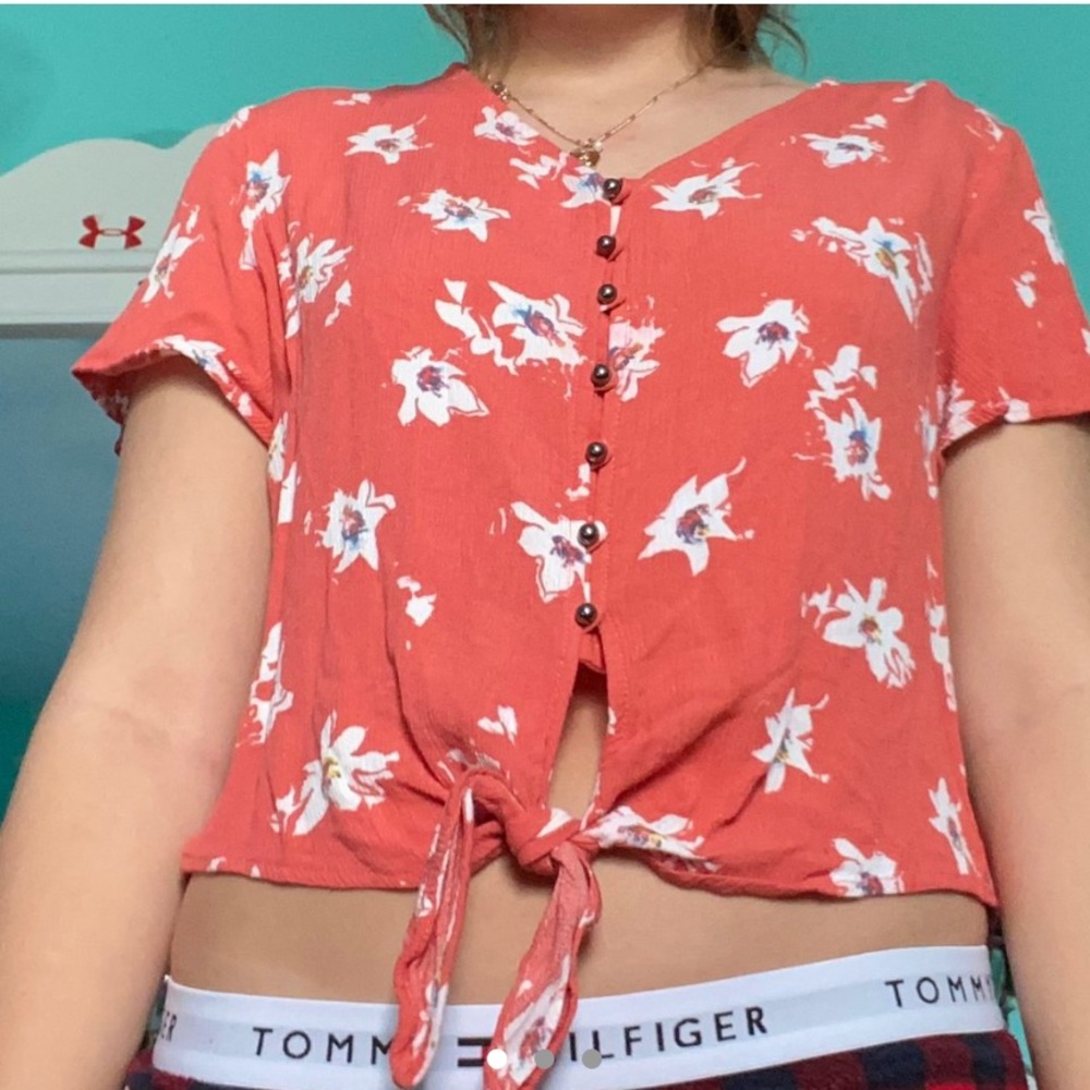 coral floral blouse
